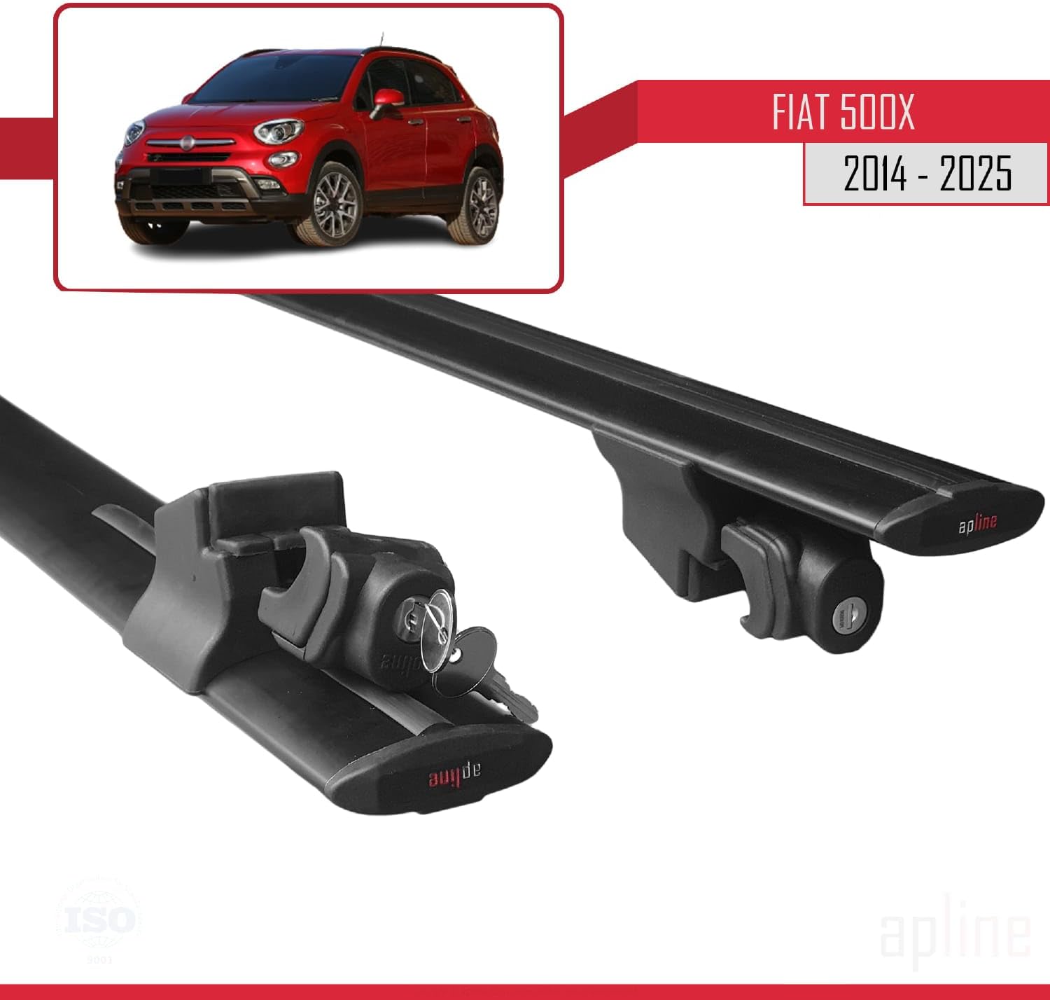 Compatible with Fiat 500X 2014-2025 Hook Model Car Roof Rack Cross Bar Black Aluminium 2 Bars