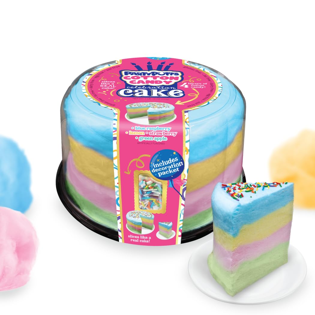 PartyPuffs Jumbo Cotton Candy Cake 16oz – Slices Like Real Cake – Strawberry Apple Blue Raspberry Lemon – Crunchy Candy Topping – Ready to Serve Gluten-Free Party Dessert