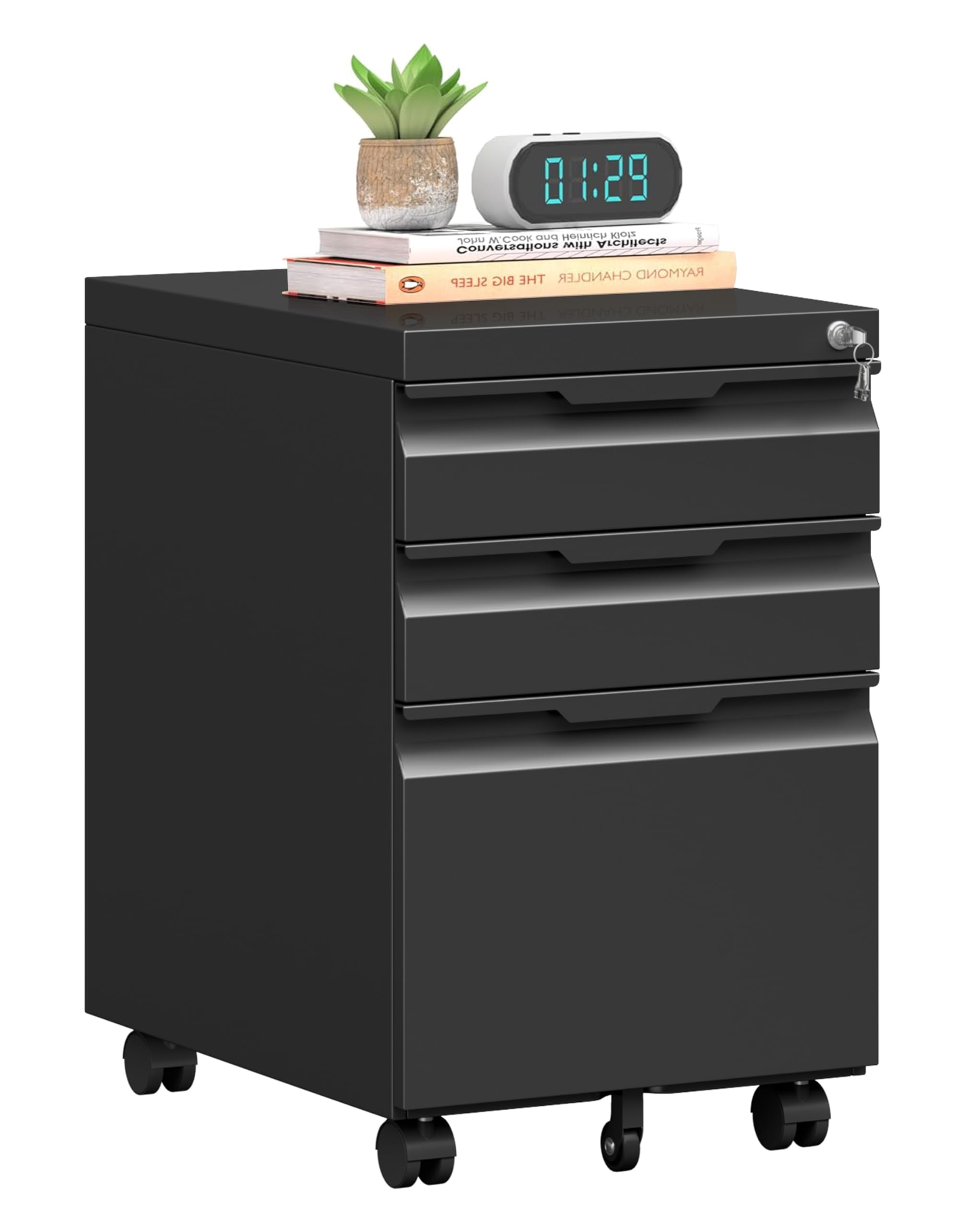 3 Drawer Mobile File Cabinet with Lock, Metal Filing Cabinet, Under Desk Rolling Small Filing Cabinet with Wheels for Home Office Storage, Fits Legal/A4/Letter/Document Size, Required Assembly, Black