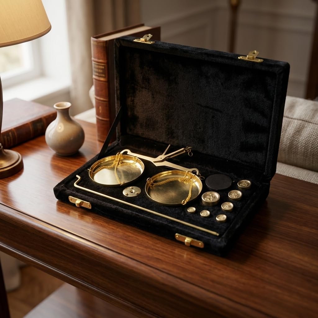 Mini Brass Balance Weighing Scale Set in Black Velvet Box, Portable Brass & Wood Scale with 50 gm Weights for Gifting, Collectibles & Home Décor