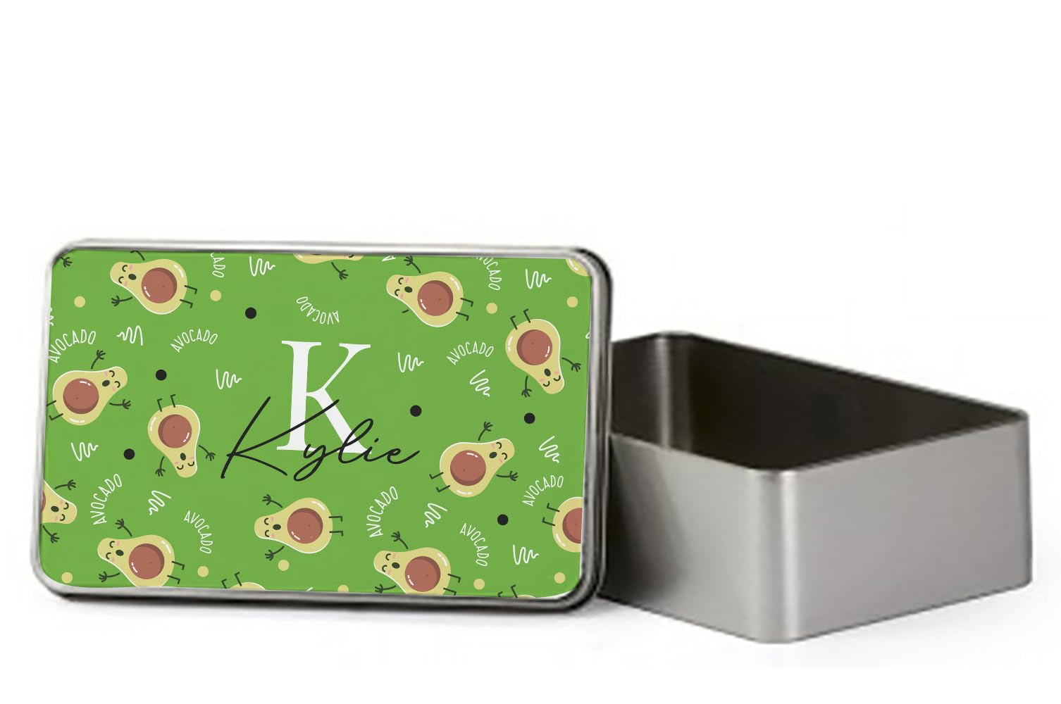Getagift Personalised Fruits Patterns theme, Initial with Name, Alphabet Portable Metal Tin Box, Storage Box. (Rectangular, Avocado)