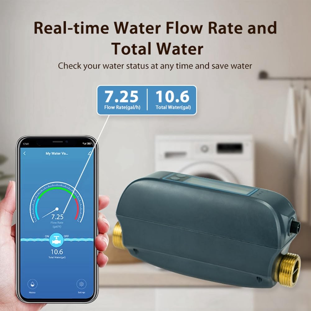 Tuya - Válvula de agua inteligente WiFi, caudal de agua y contador de agua, encendido/apagado, mando a distancia, visualización en tiempo real, enchufe europeo