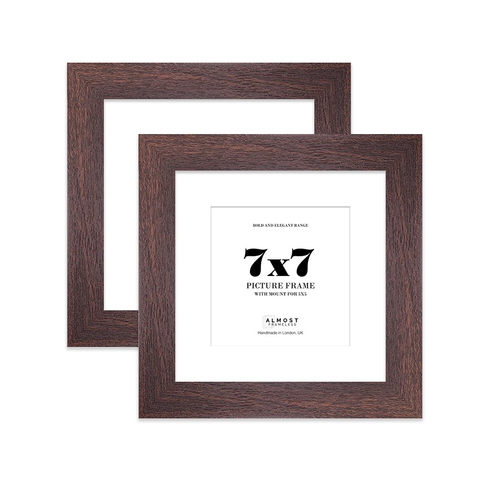 7x7" Walnut Square Frame With Mount for 5x5" Pictures 28mm Edge Frame Display with Wall Hooks and Kickstand, 2 Pack