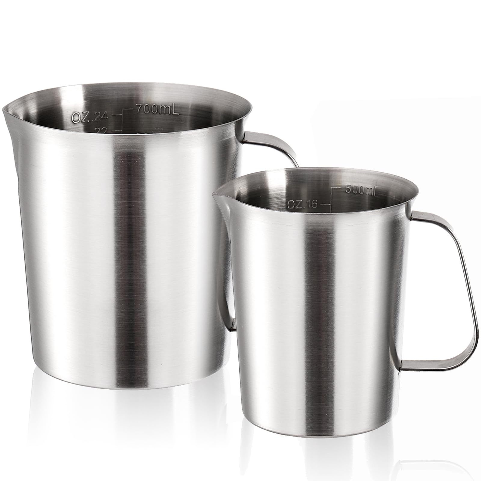 TOPZEA Set of 2 Measuring Cup with Handle, 18/8 Stainless Steel Baking Measuring Pitcher 16 oz & 24 oz Coffee Milk Frothing Cup with 2 Measuring Scales, Ounce ML