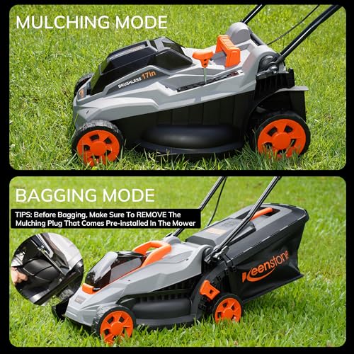 Keenstone Cordless Lawn Mower, 17-Inch Lawn Mower Battery Powered with Brushless Motor, 6-Position Height Adjustable, Mulch & Mow Mode, 10.5Gal Grass Bag, Includes 2x4.0 Ah Batteries — view 3