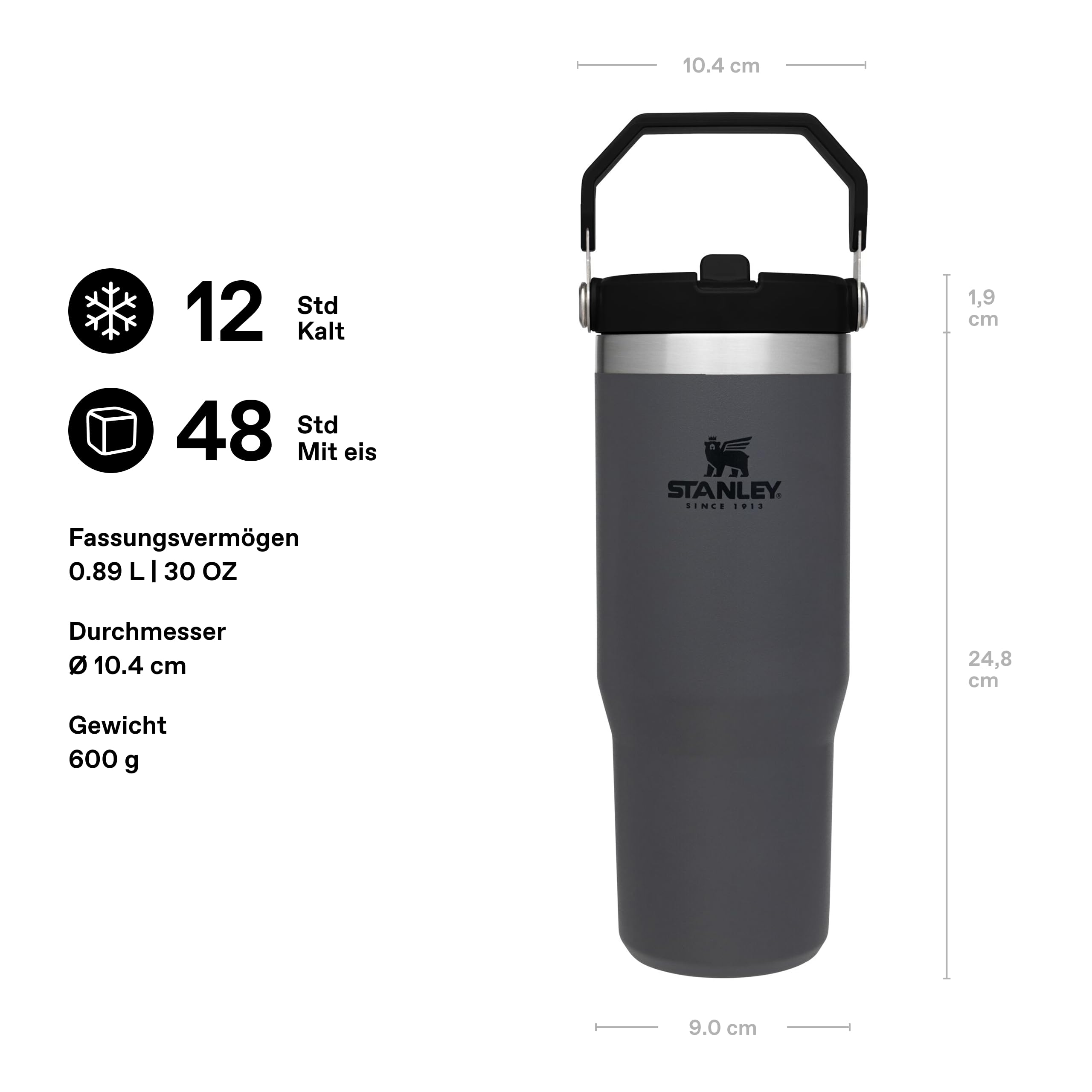 Stanley Iceflow Flip Straw Trinkflasche Mit Strohhalm 0.89L - Thermosflasche Hält 12+ Stunden Kalt - Spülmaschinenfest - Sportflasche - Wasserflasche BPA Frei - Charcoal