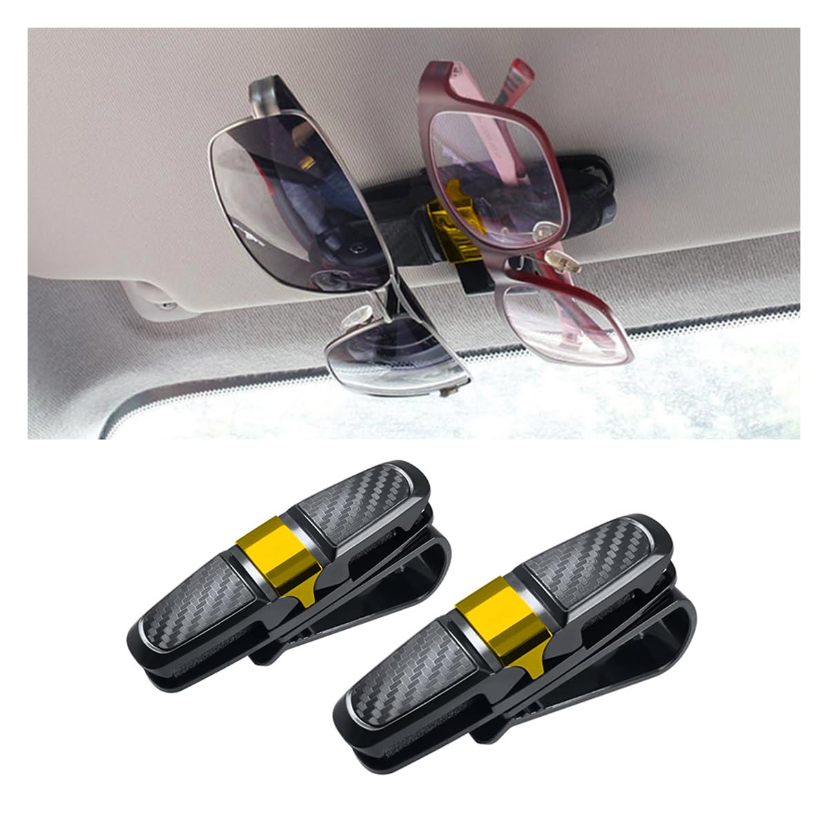 GLSOWEE 2PCS Glasses Holders for Car Sun Visor, Glasses Clip Organizer, Sunglasses Mount with Ticket Card, Car Sun Visor Double End Clip, 180 Degree Rotational Car Glasses Holder (Gold)