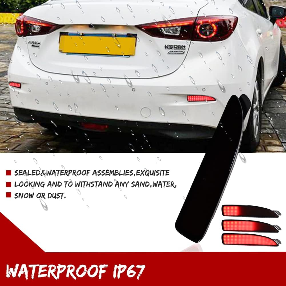 Smoked Lens LED Rear Bumper Reflector Lights Compatible with Mazda 3 5 6, 2016-2020 Toyota Yaris, Function as Tail, Brake & Rear Fog Lamps