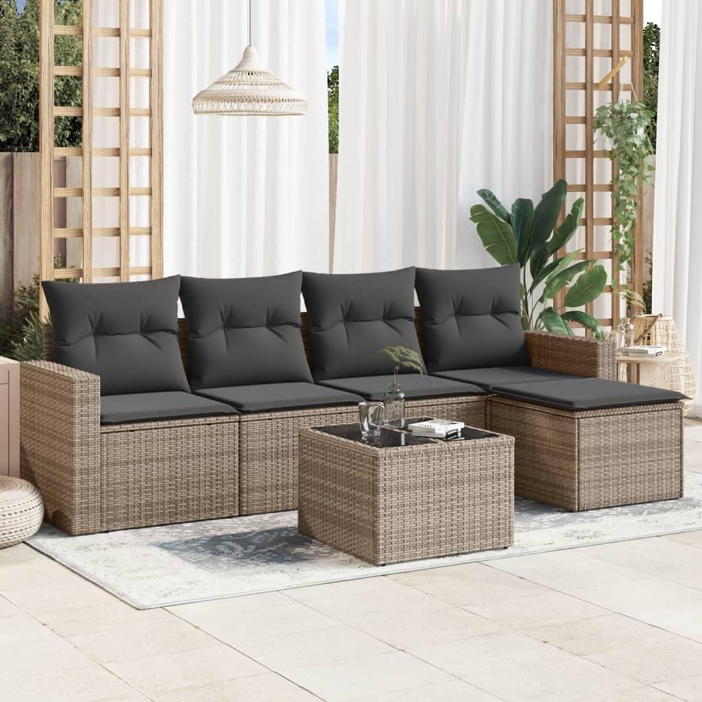 Set Divano da Giardino 6 pz in Polyrattan Grigio con Tavolo | Salotto modulare da esterno per terrazza e patio con vano integrato sotto la seduta e piano in vetro temperato.