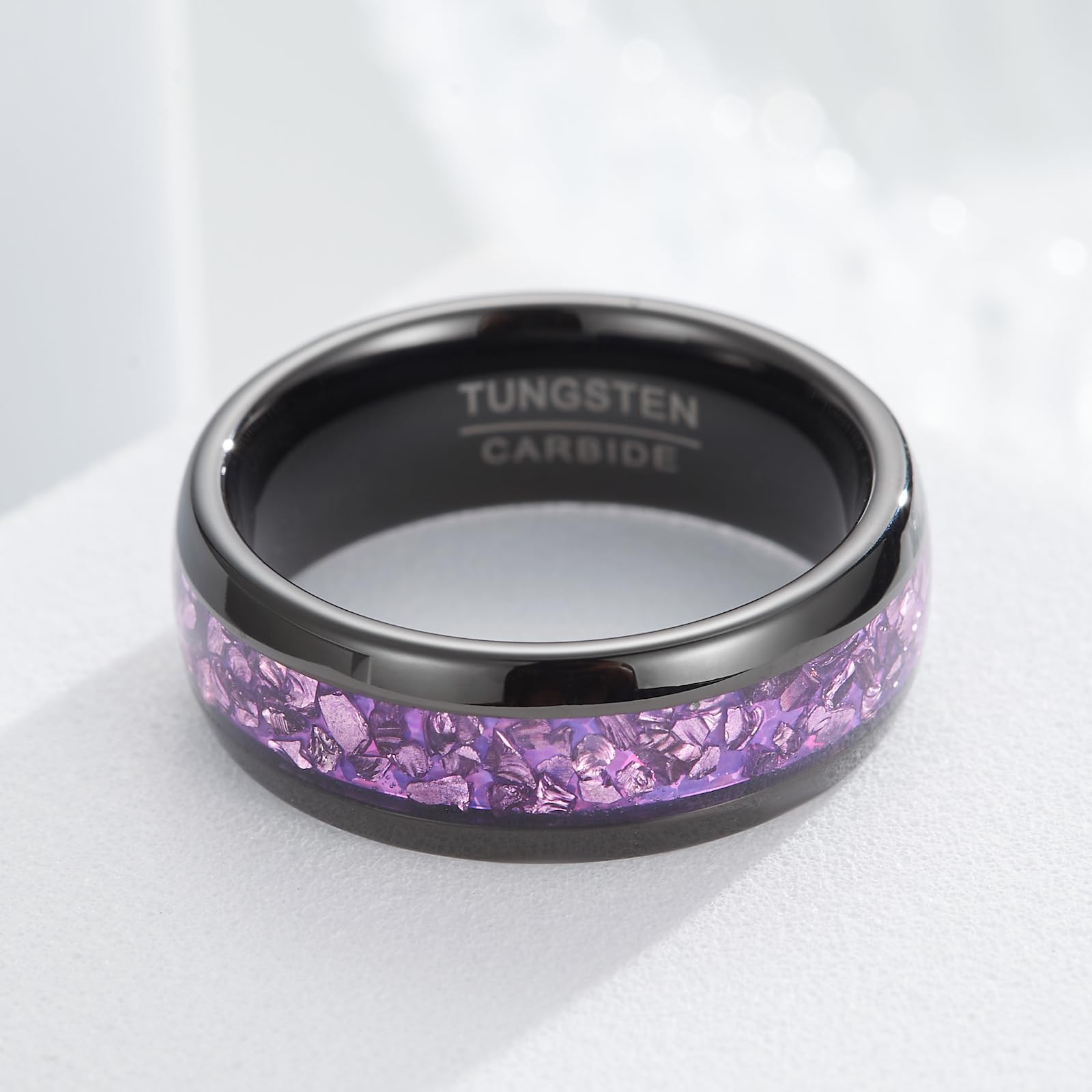 Fascia Nuziale Donna Aurora - Anello in Tungsteno Nero Larghezza 4mm o 8mm con Intarsio Viola Effetto Cristallo (Misura USA)