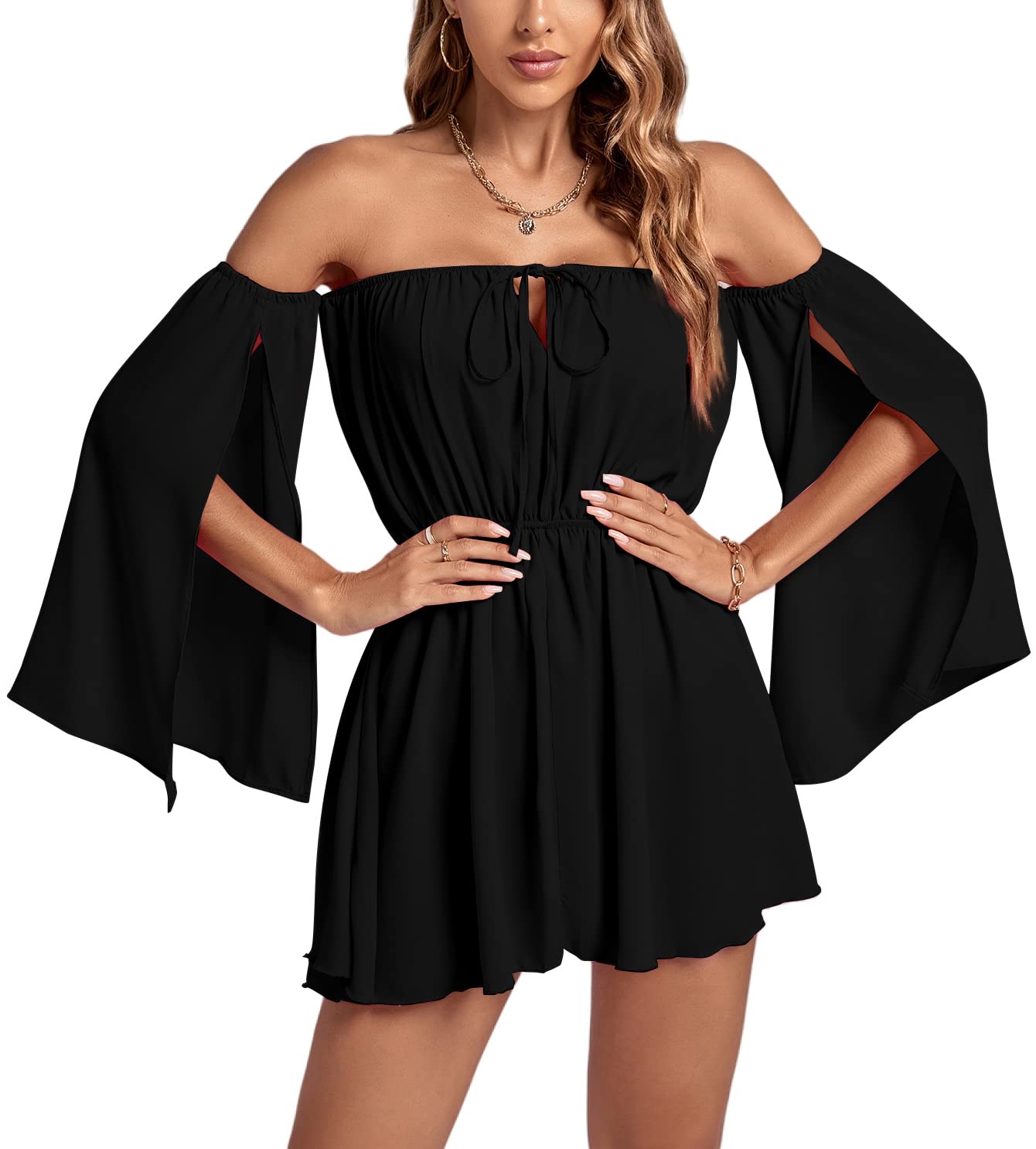 Ruffles Tie Up Front Slit  O-Neck Long Sleeve Mini Dress