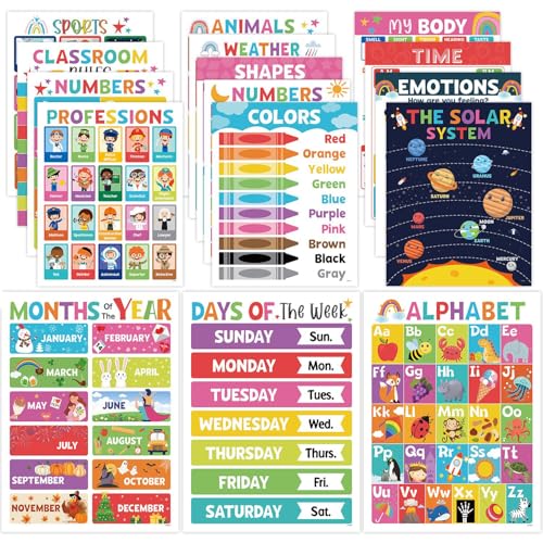 16PCS Classroom Educational Posters - Laminated Educational Posters For Toddlers, 14.7'' x 11.5'' Preschool Learning Posters, Alphabet Number Charts, Kindergarten Classroom Wall Decor, Playroom Homeschool Daycare & Classroom Decor, Kindergarten & Preschool Classroom Supplies for Kids