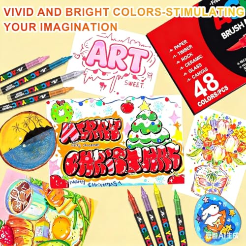 Image of JOLLIFFE Acrylic Paint Markers Set of 48 - Brush Tip Paint Pens, Rich Vivid Colors, Direct Liquid Ink System, Waterproof & Quick Dry for Rock Painting, Canvas, Glass, Wood, Fabric & DIY Crafts