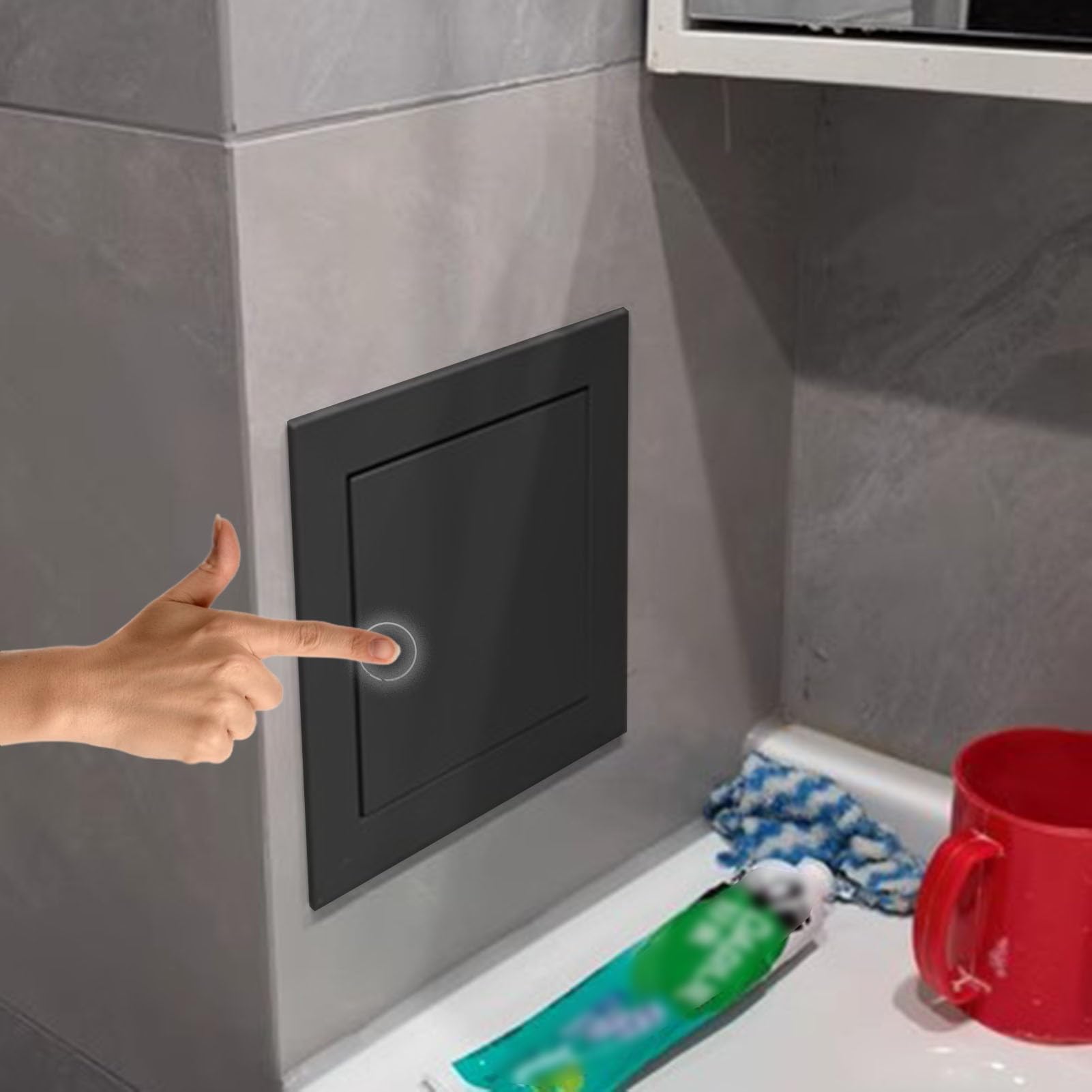 Tapa de sifón para baño moderno que oculta tuberías en paredes de yeso laminado Pladur