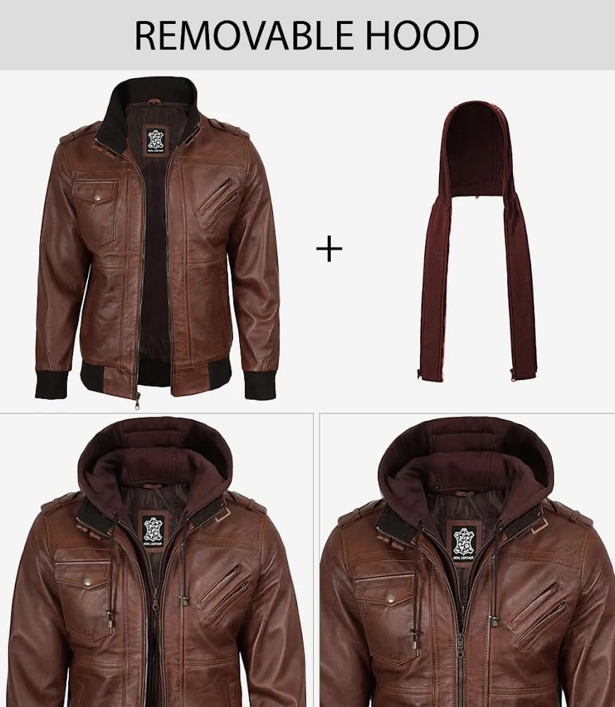 Blingsoul Mens Hooded Leather Jacket with Removable Hood, Biker Style Real Leather Jacket Men Wind Resistant Casual Outerwear - Image 3