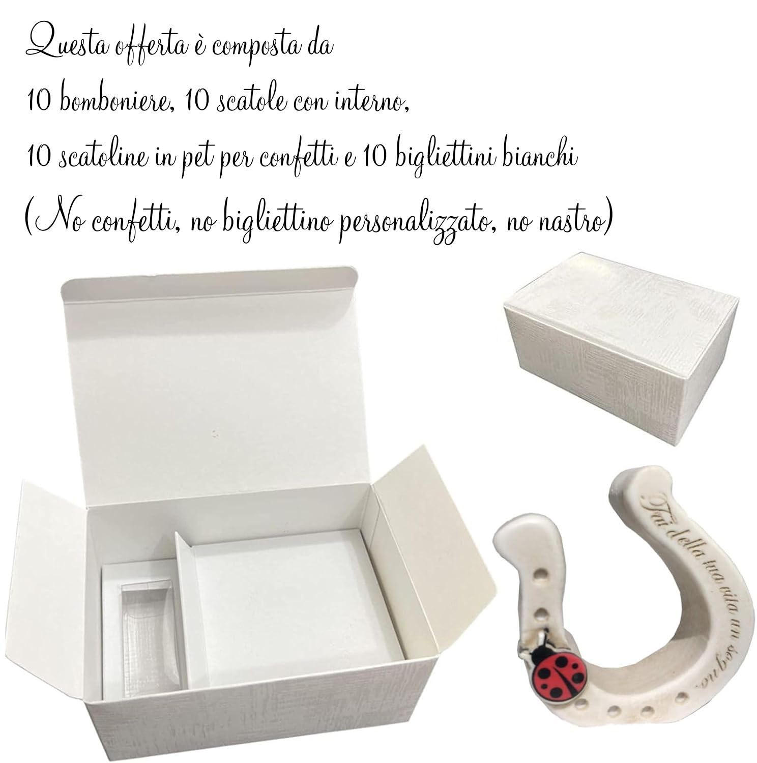 Regalami.Shop 10 Bomboniere Ferro di Cavallo in Marmo di Carrara Patinato + 10 Scatole, 10 bigliettini Bianchi e 10 portaconfetti, Ideali per Tutte Le Cerimonie