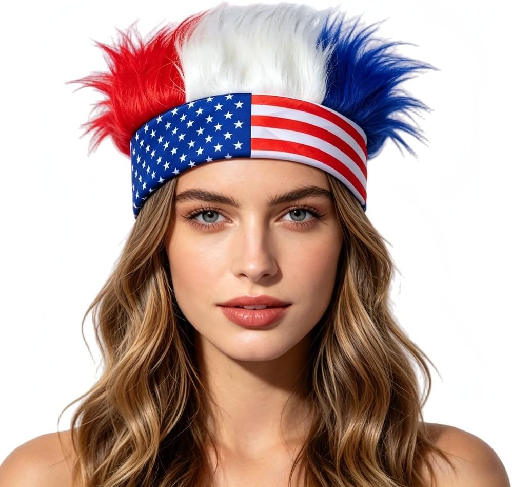 Patriotic Hairy Headband for Adults, 4th of July Hair Accessories USA Wig Hat Red White Blue Headbands for Memorial Day