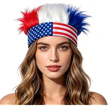 Patriotic Hairy Headband for Adults, 4th of July Hair Accessories USA Wig Hat Red White Blue Headbands for Memorial Day