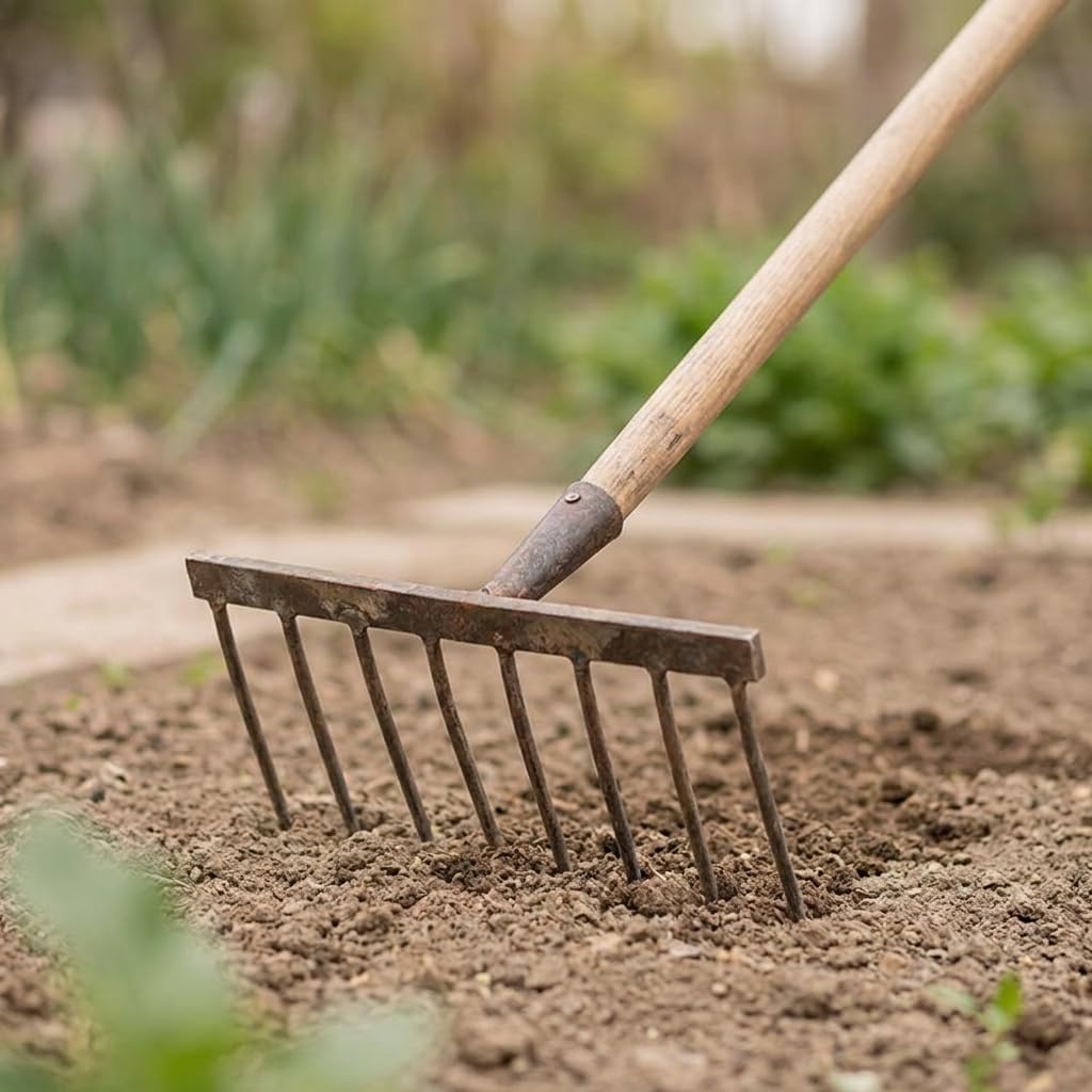 Rastrello da Giardino per Terreno, Testa a denti piatti, Rastrello da giardino, Preparazione aiuole, Per appassionati , Manico in legno da 1,2 metri