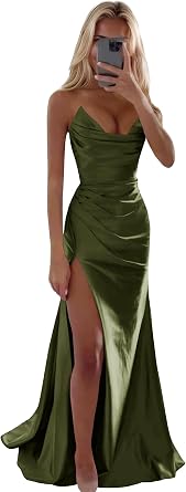 Womens Strapless Satin Mermaid Prom Dresses with Slit Pleated Long Formal Evening Gowns