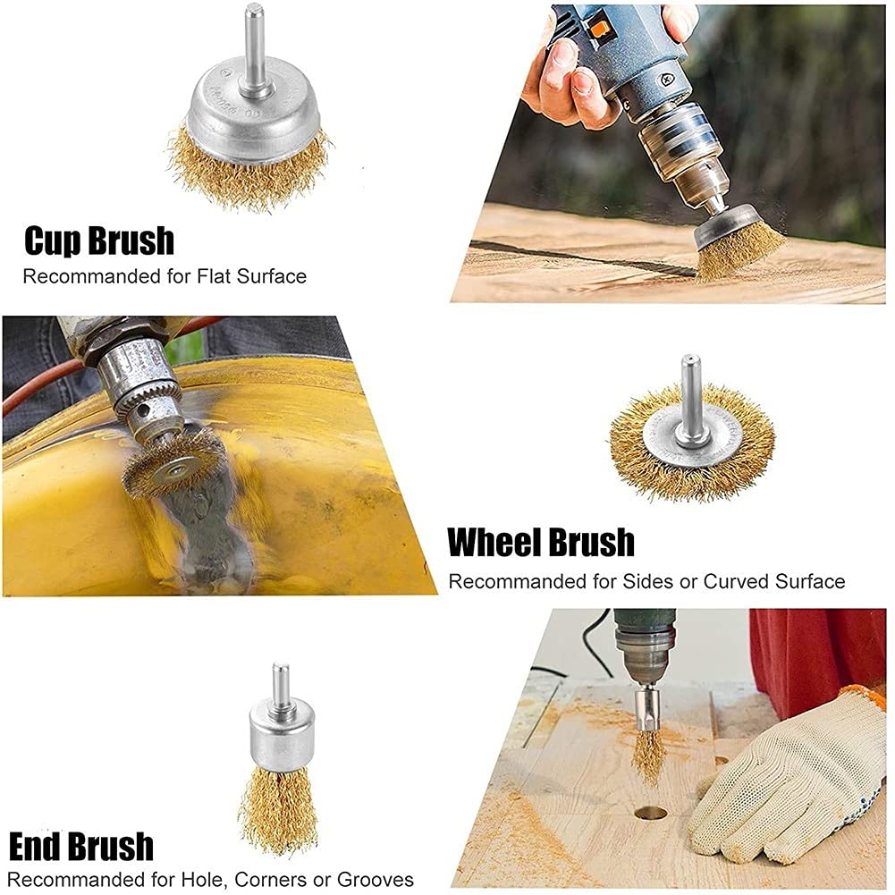 Szczotka druciana T-Shaped Brass Wire Brushes, for Drills Set,6 Pcs Brass-Plated Steel Cup W/ 6mm Dia Shank Polishing for Electric Attachment
