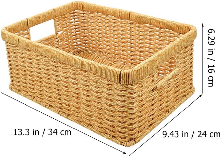 BESPORTBLE Woven Storage Organizer Basket, Handcrafted Imitation Rattan Sundries Bin with Hollow Handles, Large Capacity Decorative Desktop Storage for Home and Office, Light Coffee Color