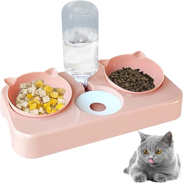 Water and Food Bowls Cat, 3 in 1 Automatic Cat Water Dispenser Cat Food Dispenser Pet Bowls Set 0-8°Adjustable Tilted Set Water and Food Bowl Set Perfect Feeding Bowls for Cats and Small Dogs (Pink)