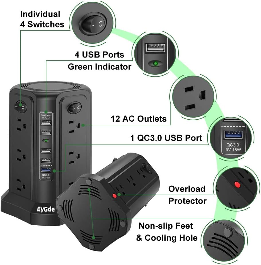 Lowest Price Power Strip Tower Surge Protector, EyGde Electric Charging Station, 12 AC Outlets with 4 Individual ON/Off Switches, Flat Plug 6ft Long Extension Cord with 5 USB Ports (1 USB-A Quick Charge, 4 USB-A)