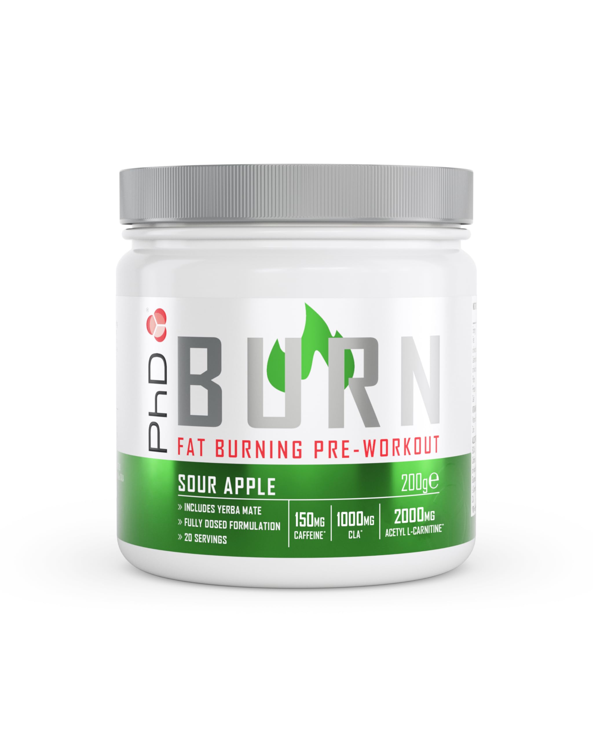 PhD Burn Pre Workout Powder with L Carnitine for Women and Men, Rich in CLA, High Caffeine for pre-Workout, Sour Apple Flavour, 20 Servings (200g)