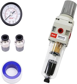RIH 1/4" NPT Auto Drain Compressed Air Filter Regulator Combo Piggyback, 5 Micron Brass Element, Poly Bowl, Metal Bracket, 0-150 psi Gauge Air Tool Compressor Filter with Gauge (1/4" NPT)