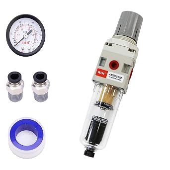 RIH 1/4" NPT Auto Drain Compressed Air Filter Regulator Combo Piggyback, 5 Micron Brass Element, Poly Bowl, Metal Bracket, 0-150 psi Gauge Air Tool Compressor Filter with Gauge 1/4" NPT