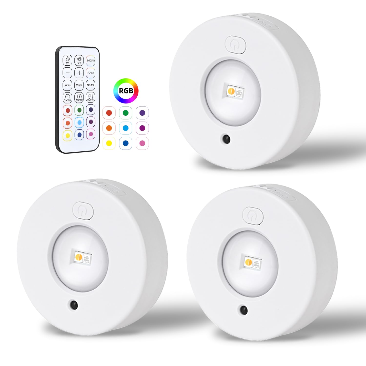Rechargeable Under Cabinet Lights, 3 Pack 6000K Dimmable LED Puck Lights with Remote Control & 11 Colour Changing & Brightness Adjustable, Stick-On Wireless Lights for Kitchen, Wardrobe, Cupboard