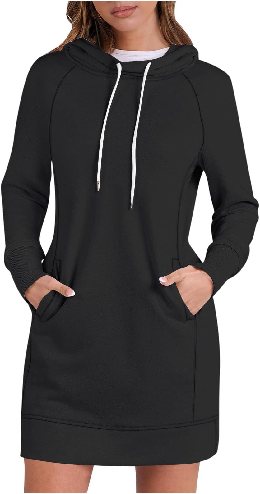 Hoodie Ladies Dresses with Pockets Long Sleeve Plain Pullover Jumper Tops Drawstring Hooded Sweatshirt Dress with Pockets Fall Winter Hoodies Blouse Outdoor Office Vacation Loungewear