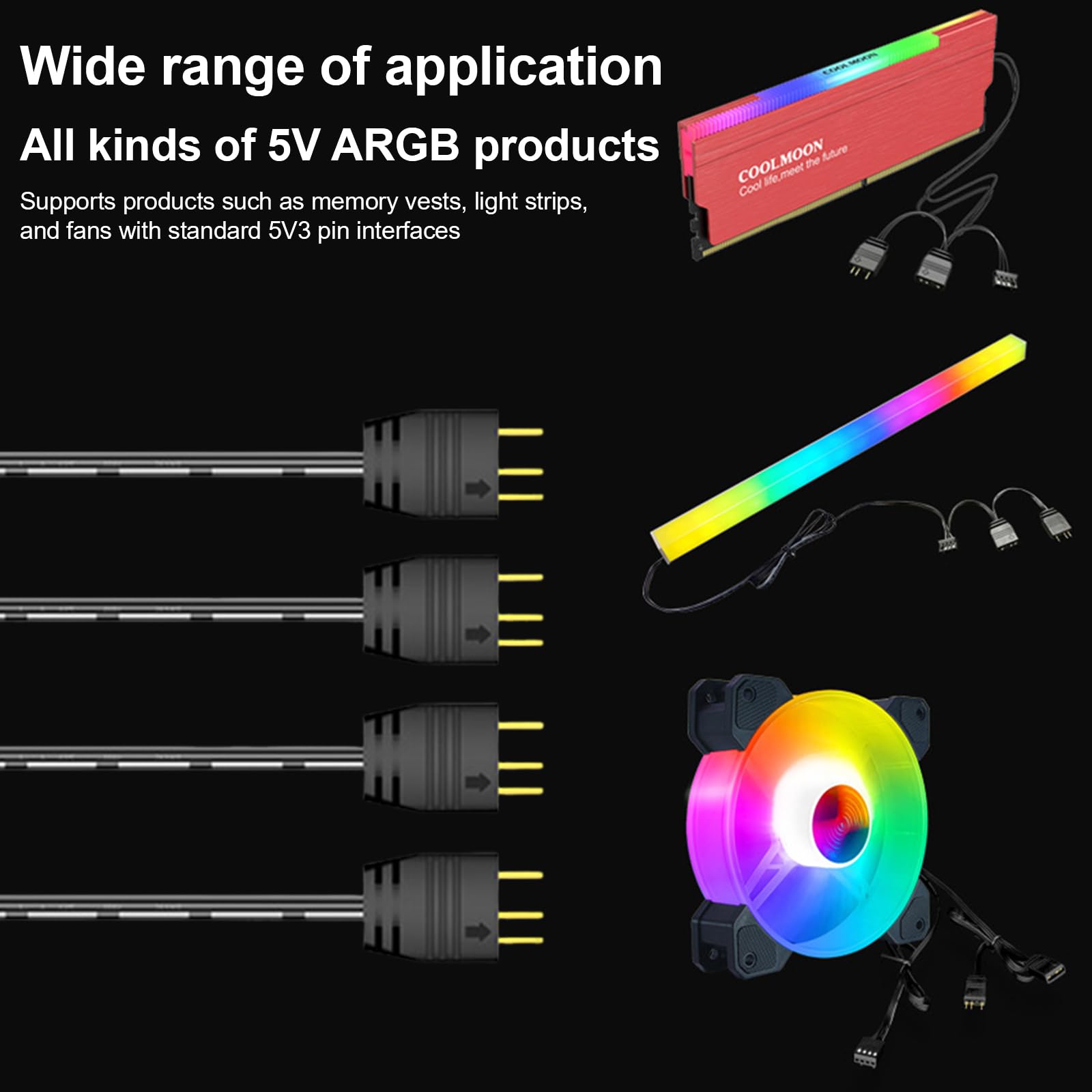 5 V 3-biegunowy kabel rozdzielający ARGB, kabel rozdzielający ARGB, 1 gniazdo na 4 wtyczki, przedłużacz, 4 kable rozdzielające, kabel Y do obudowy komputera, chłodnicy procesora i wentylatora 5 V (1