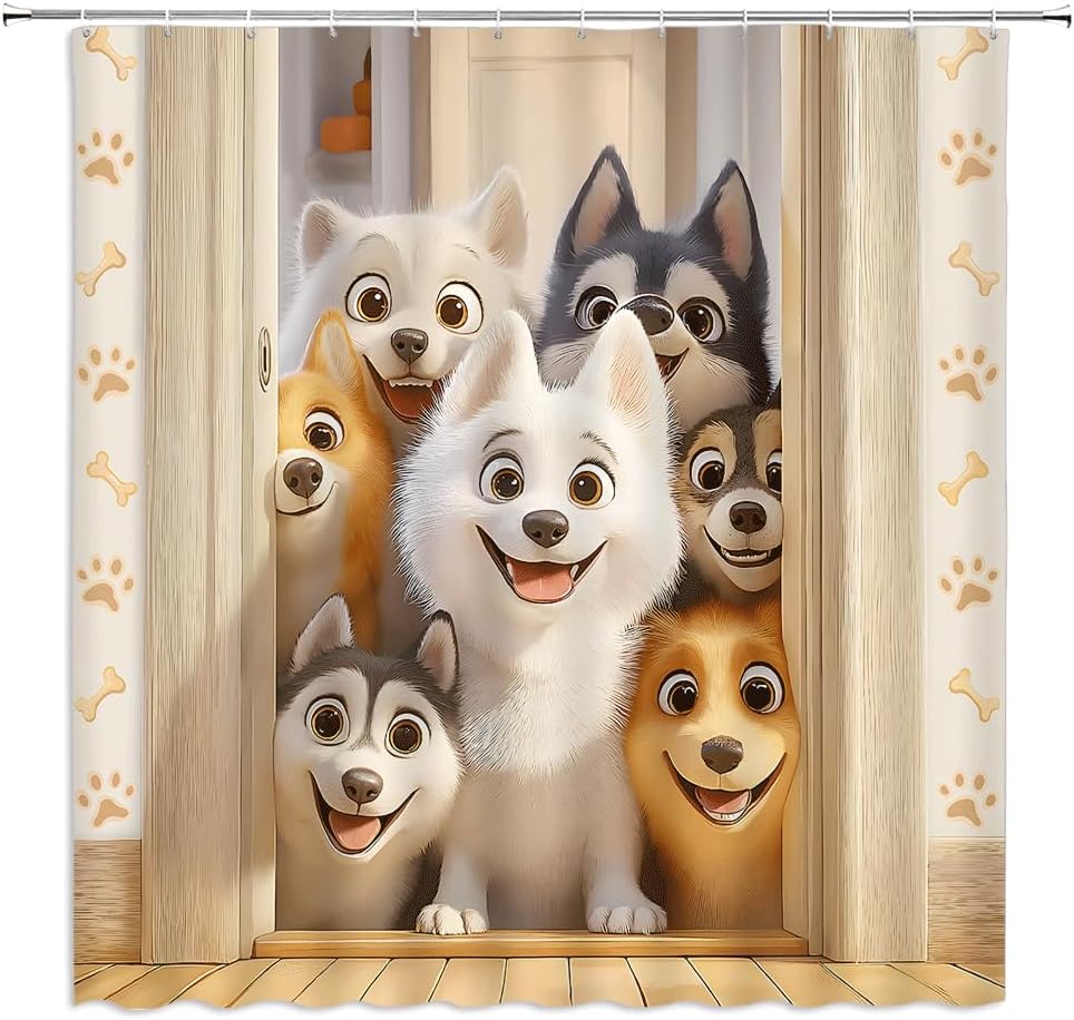 Funny Dog Shower Curtain Cute Cartoon Animal Lovely Pets Bone Paws Print Watercolor Farmhouse Animal Rustic Wooden Board Fabric Bathroom Decor Curtains with Hooks,70 x 82