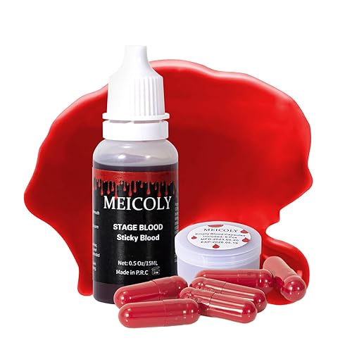 MEICOLY Sangre falsa comestible de 0.5 onzas con 6 paquetes de cápsulas vacías, sangre profesional lavable para escenario, sangre falsa pegajosa