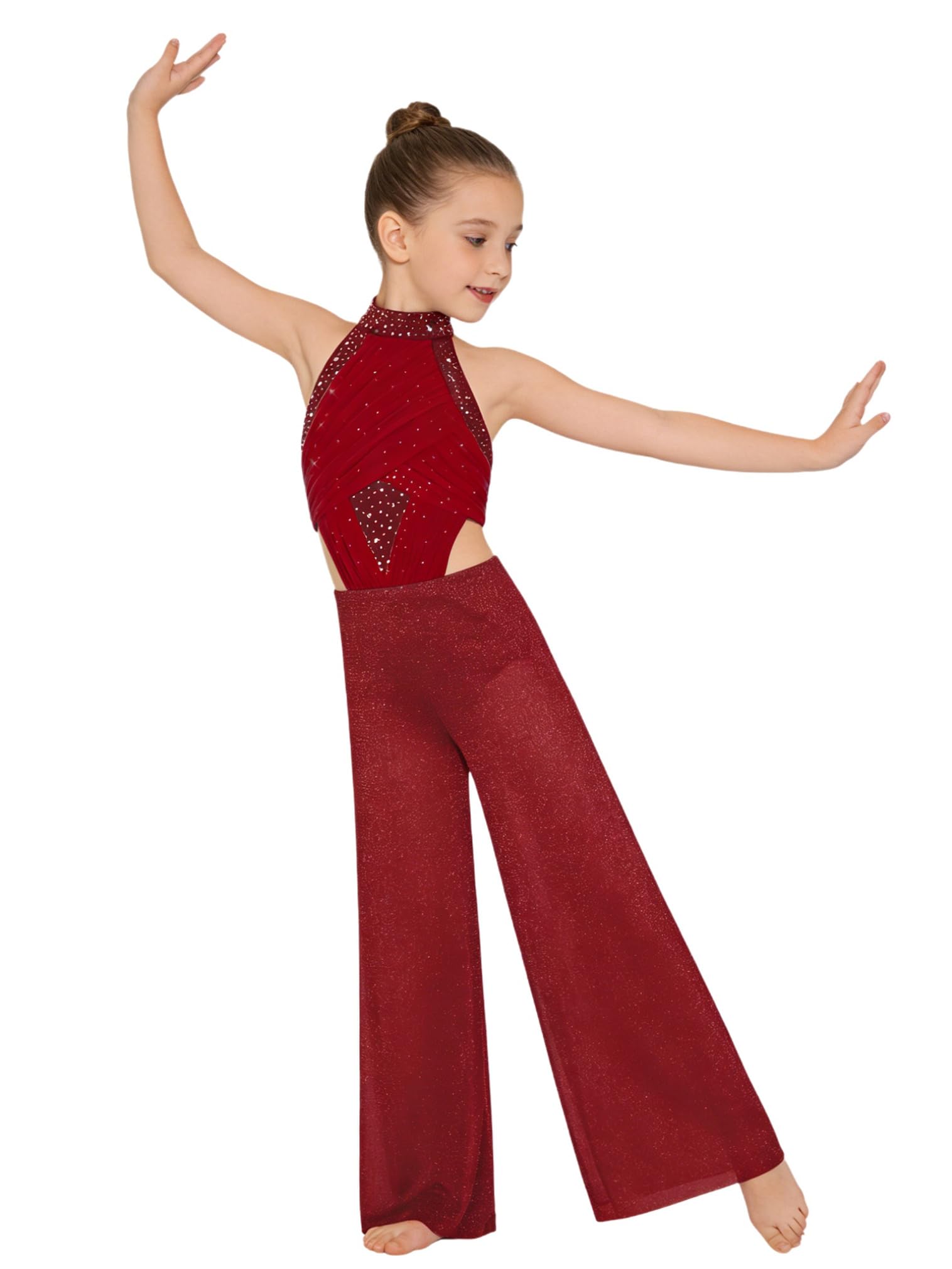 FEESHOW Bambina Body Da Danza Glitter Tuta Intera Da Ginnastica Tuta Danza Jumpsuit Gamba Larga Costume Per Bambini Balletto Lirico