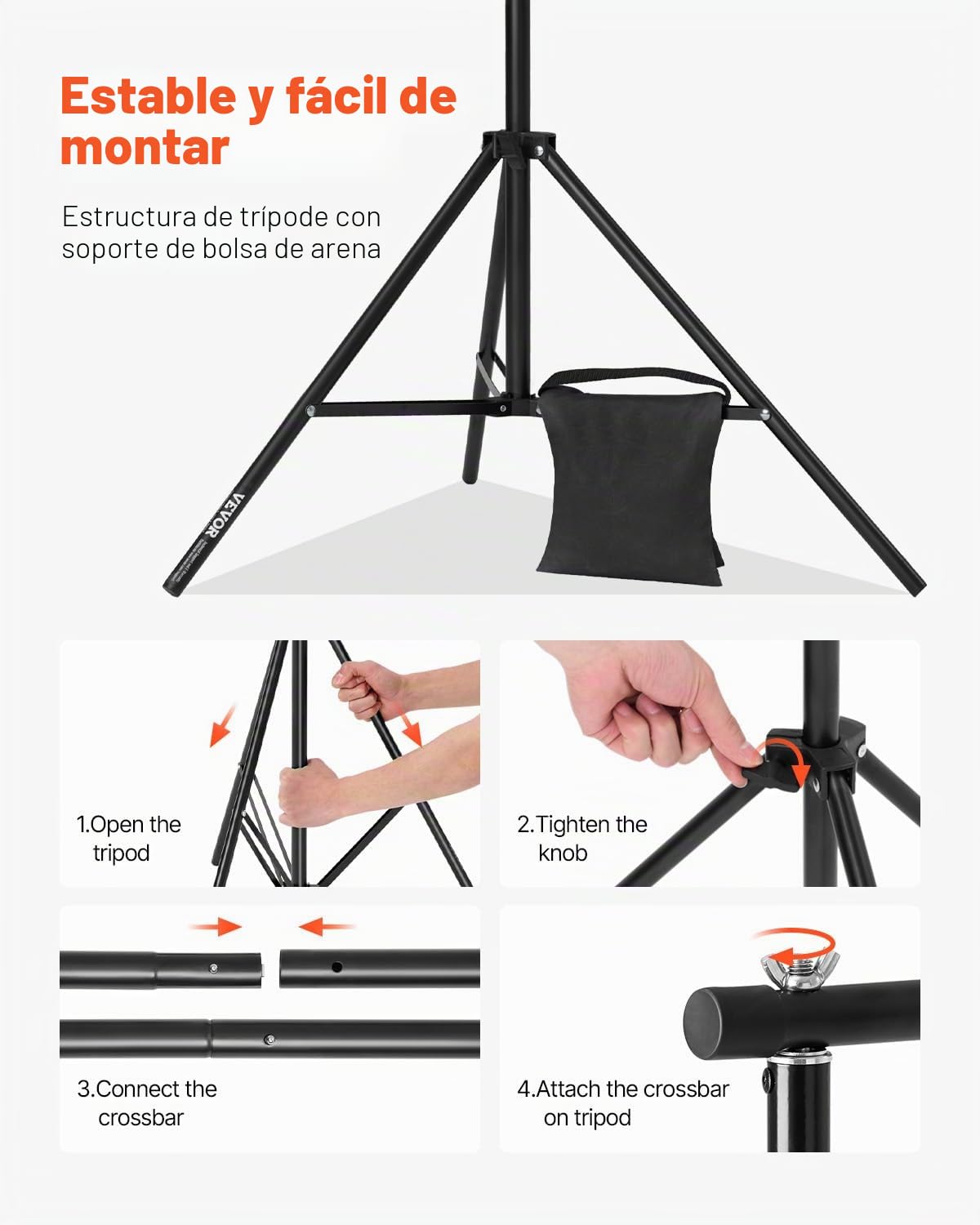 VEVOR Soporte de Fondo Ajustable para Tela de Fondo de hasta 198 x 300 cm, Soporte Portátil de Altura Ajustable de 72-198 cm con 5 Varillas para Fotografía Familiar, Estudio de Fotografía, Negro