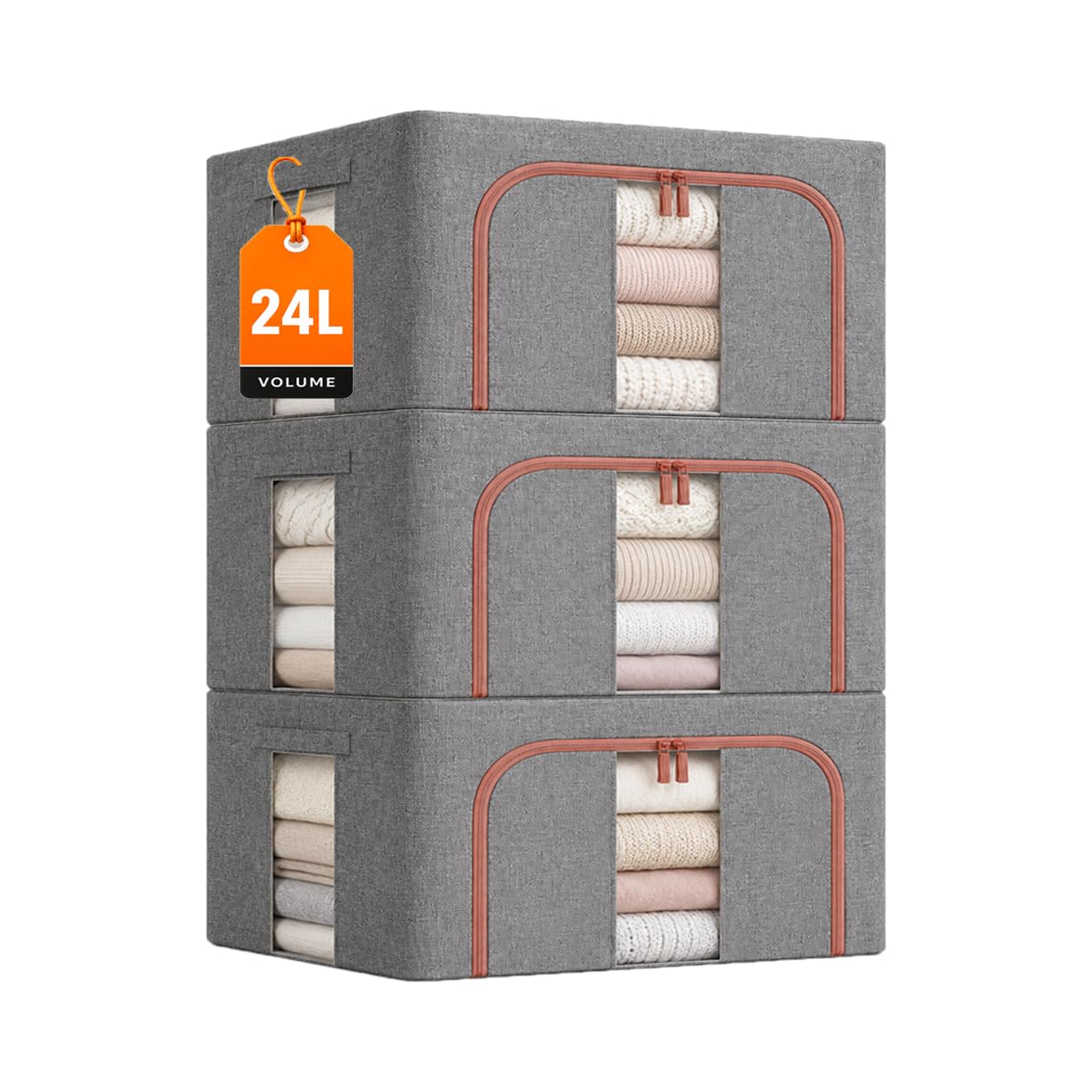 Pack of 3 24 L Storage Bags with Metal Frame and Viewing Windows, Grey Clothes Storage Boxes, Fabric, Foldable and Stackable, with Lid and Handles for Clothes, Sweaters, Bedding, Blankets