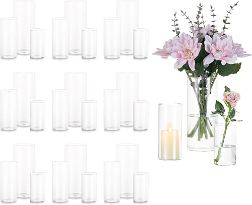 Glasseam Glass Vase Set of 30, Clear Cylinder Vases for Centerpieces Bulk | 3.9"/5.9"/7.8”H, Clear Hurricane Candle Holders, Fits Pillar Floating Candles, Modern Wedding, Party, Dining Tables Decor