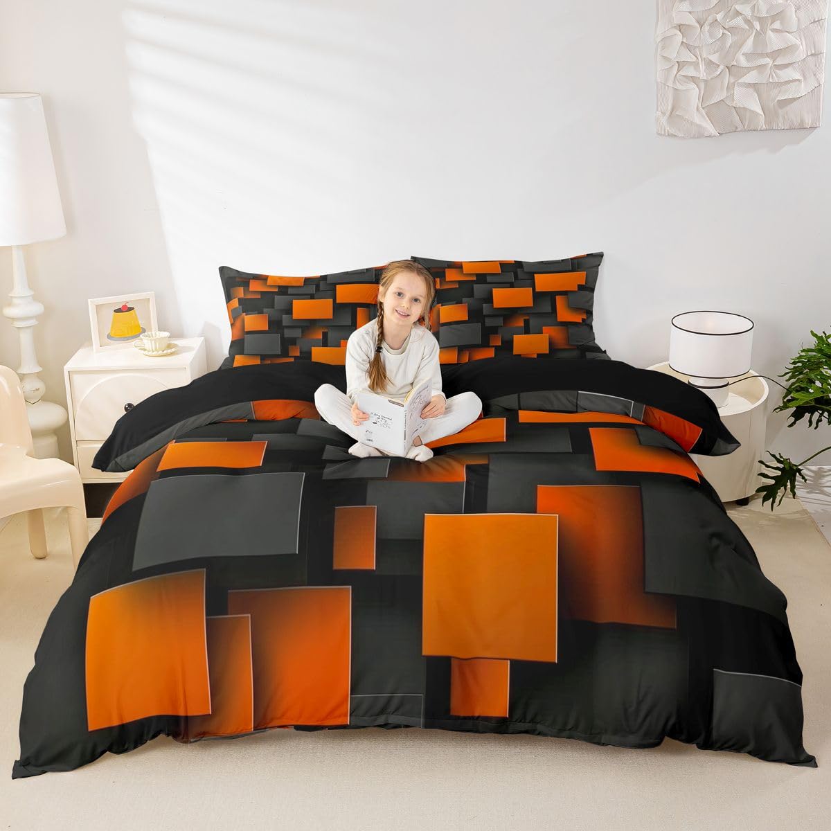 Homewish Nowoczesne geometryczne sześcienne kwadratowe zestawy pościeli 3D Cube King dla nastolatków chłopców dziewcząt | czarna pomarańczowa poszewka na kołdrę prostokątny blok abstrakcyjna poszewka