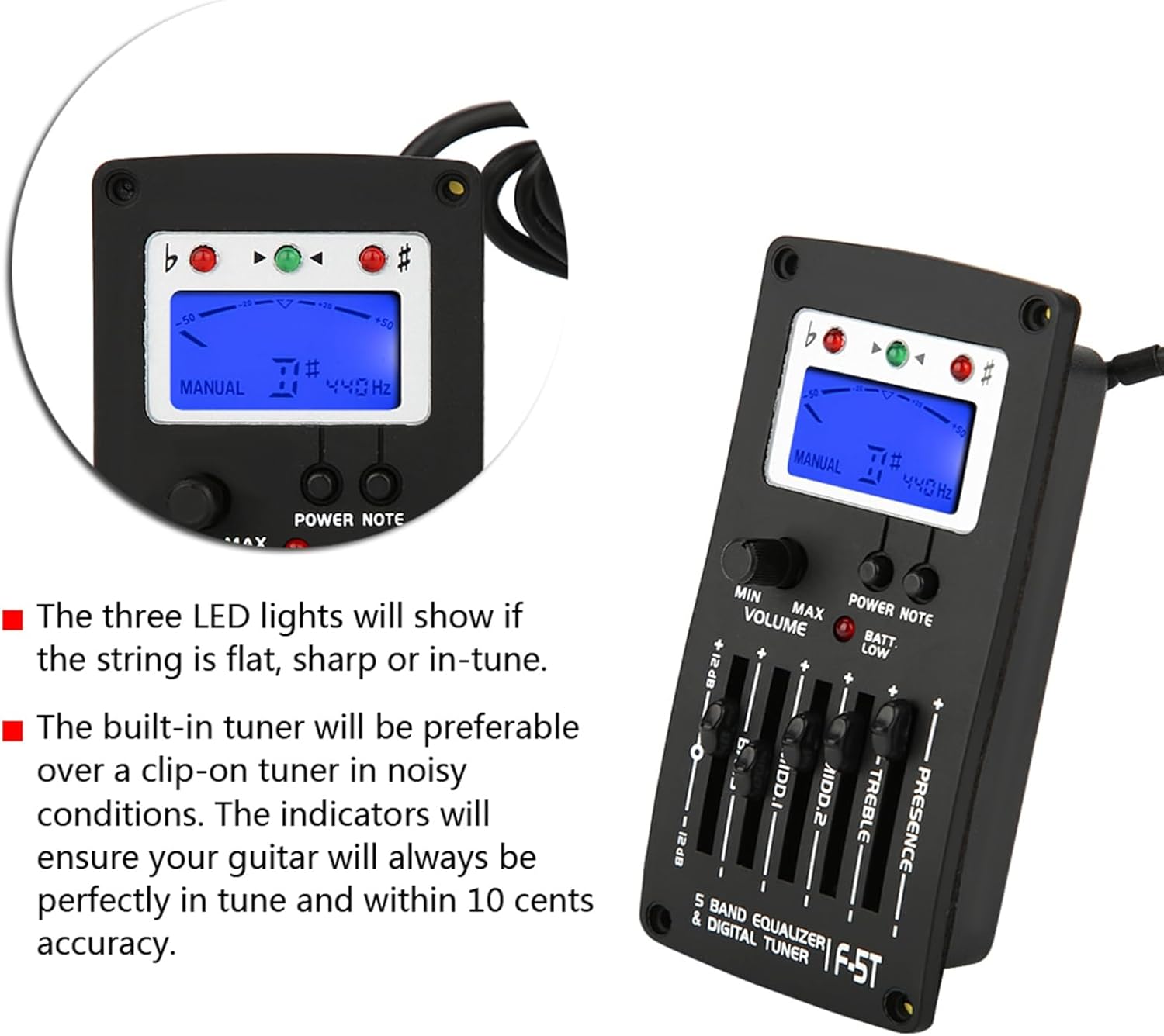 Guitar Pick Up F-5T 5Band Equalizer, Preamp Amplifier Tuner Digital Tuner Pickup for Electric Acoustic Classic Guitar for Electric Acoustic and Classic Guitars (123g Black)