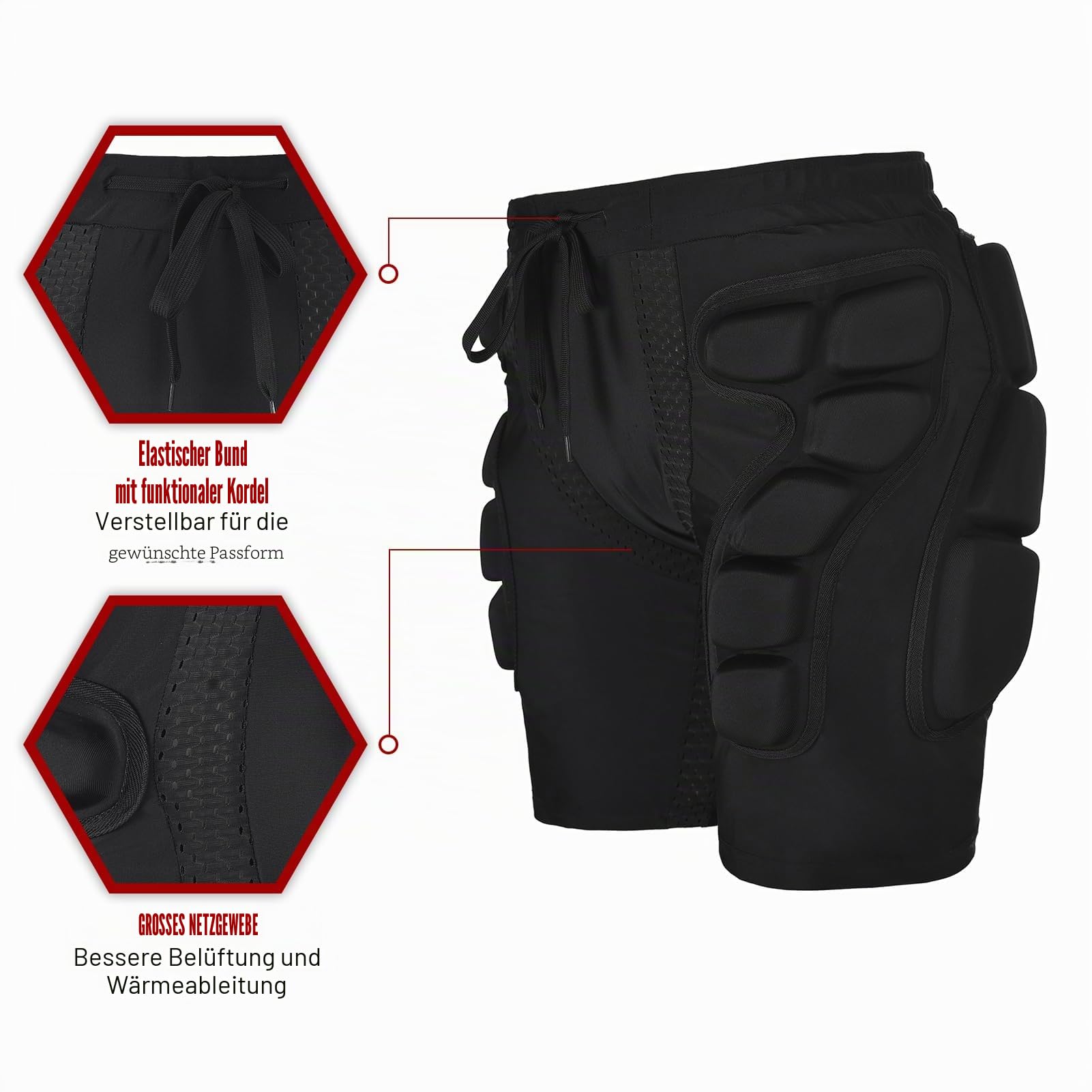 Protektorenhose, Gepolsterte Shorts, 3D Hüftpolster Schutz Shorts, Schützende Snowboard Shorts für Snowboarding, Skaten und Skifahren, Po und Steißbein