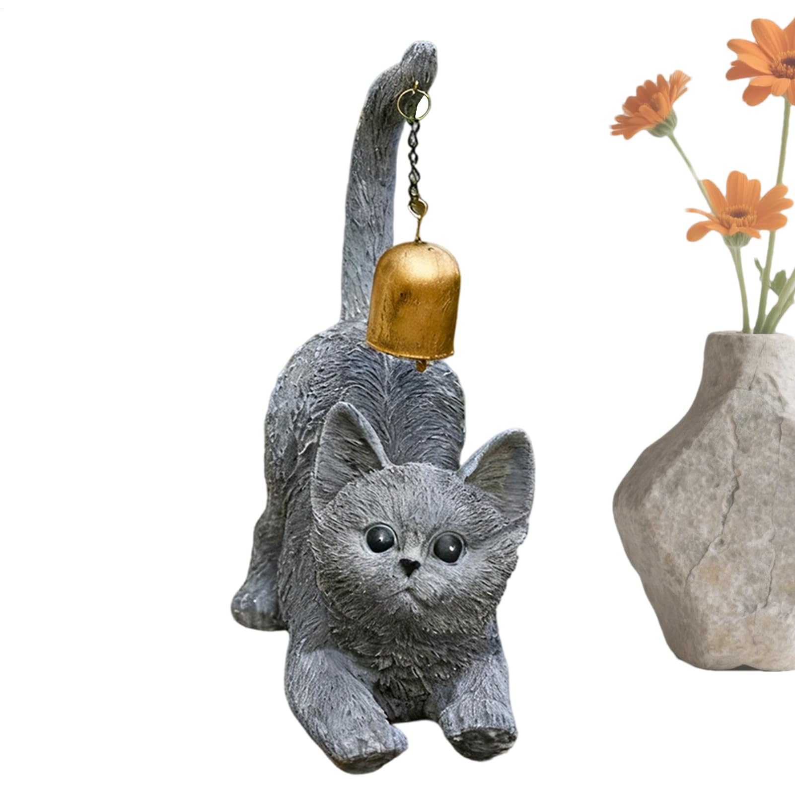 Statue de chat en résine avec clochette pour décoration de jardin et salon