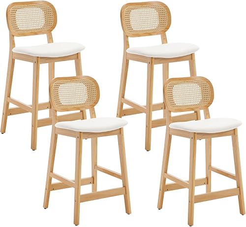 Miniatura 8 de Shunzhi Juego de 2 taburetes de bar de altura de mostrador, modernos de mediados de siglo, con respaldo de ratánsillas de bar de madera natural,