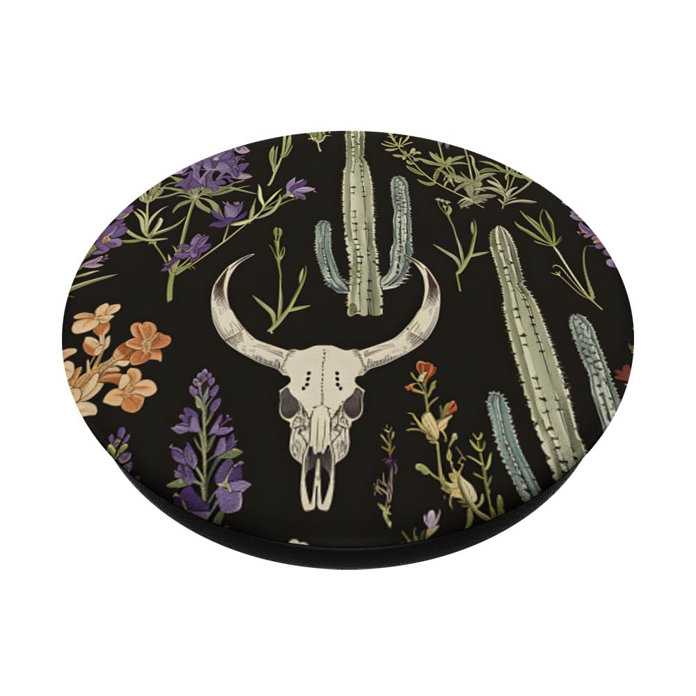 Salvia Flower Aztec Pattern Boho Cow Skull PopSockets Swappable PopGrip, Black - Image 2