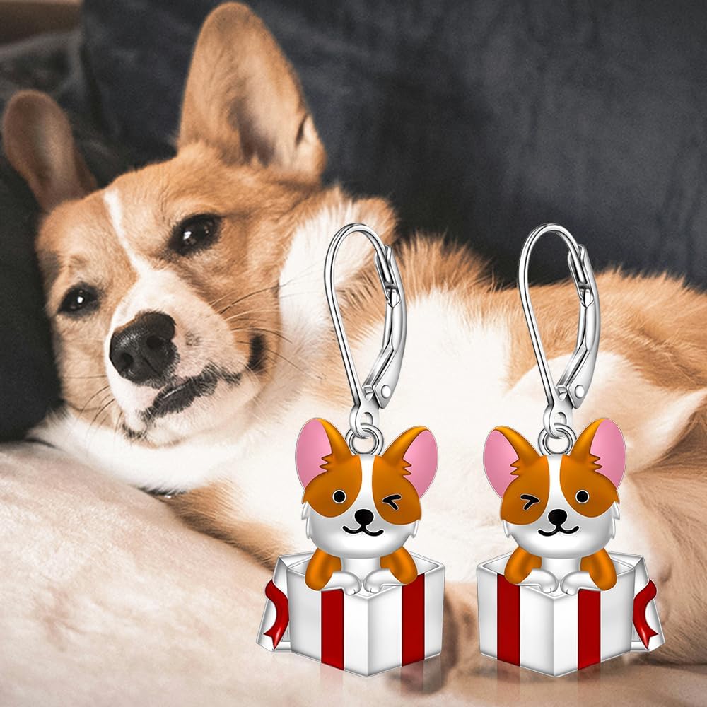 Dog Earrings for Women 925 Sterling Silver Corgi Dangle Earrings Corgi Mom Earrings for Christmas Memorial Gifts for Dog Lovers and Women