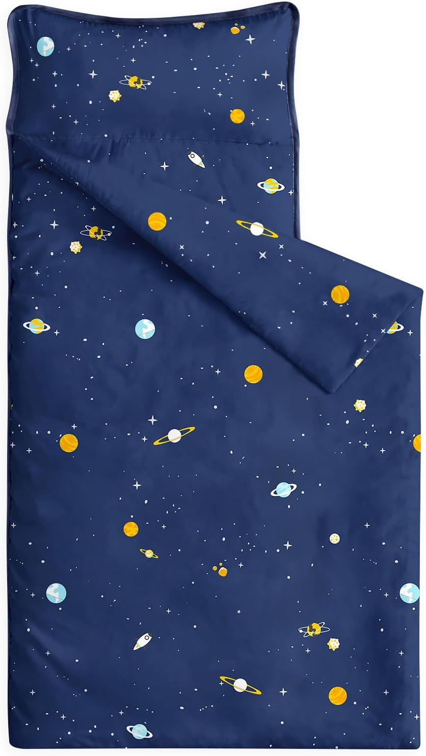 Wake In Cloud - Toddler Nap Mat with Pillow and Blanket, 100% Cotton Fabric, for Kids Boys Ages 3 Plus in Daycare Kindergarten Preschool, Roll Up Sleeping Bag, Galaxy Spaces
