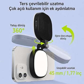 Coverzone Manyetik LED Dolgu Işığı B13, 2’si 1 Arada Aynalı Selfie Işığı, 3 Işık Modu (Beyaz/Sıcak/Nötr), Parlaklık Ayarlı, 360° Dönebilir, Teleskopik Ayarlanabilir, 600mAh Şarjlı | B13