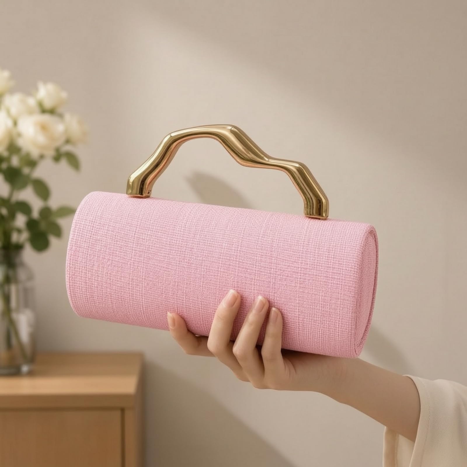 Bolso de Noche de Hombro Clutch Cartera Diseño Estructurado con Silueta Esculpida y Asa Dorada Forro de Algodón y Compartimento Adecuado para Bodas Cenas Elegantes, Array, Rosa